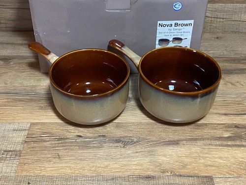 SET OF 4 - SANGO - NOVA BROWN - CHILLI ONION NOODLE SOUP HANDLED BOWLS #4933 - Picture 4 of 5