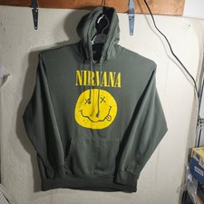 Nirvana Smiley Face Graphic Hoodie Mens XL Olive Green Grunge Rock Flaws Read