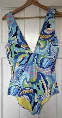 Authentic Emilio Pucci One-Piece Swimsuit IT 48 US 12 L XL Seersucker Blue Green