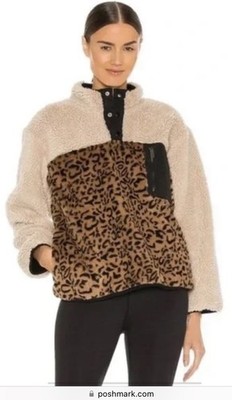 Rails Saga Cream Leopard Print Faux Fur Sherpa Pull Over Jacket XS warm cozy