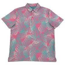 Birdie Bound Mens Pink  Blue Leaf Print Short Sleeve Golf Polo Shirt