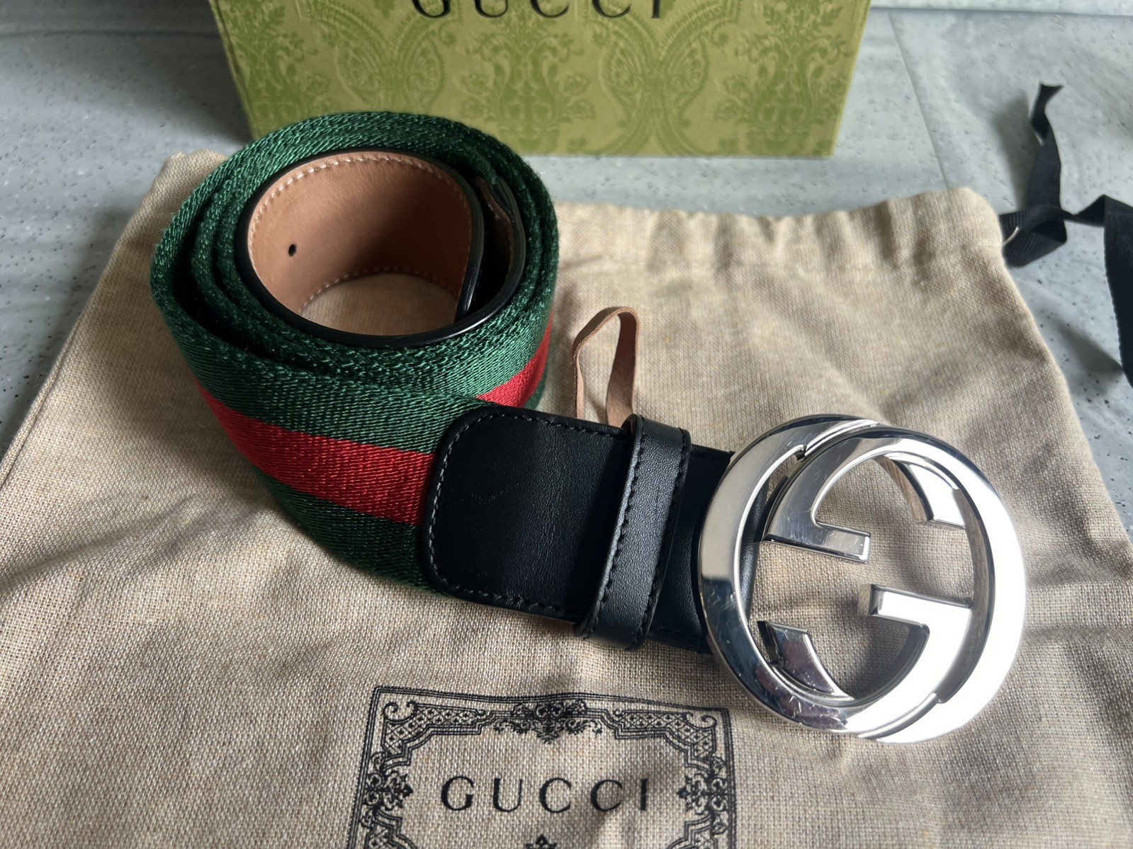 Gucci Belt Authentic 411924 Size 85/35 Green Red with box dust bag and receipt 