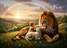 Premium Peaceful Lion and Lamb and Child Artwork Digital Picture Photo Wallpaper
