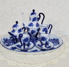 Vintage Child  s Porcelain Flow Blue Tea Set   10-Piece Blue Rose Collection