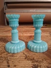 Blue Opaline Spyral Candel Sticks 20th Centry Blue Milkglass Light Blue 3" RARE