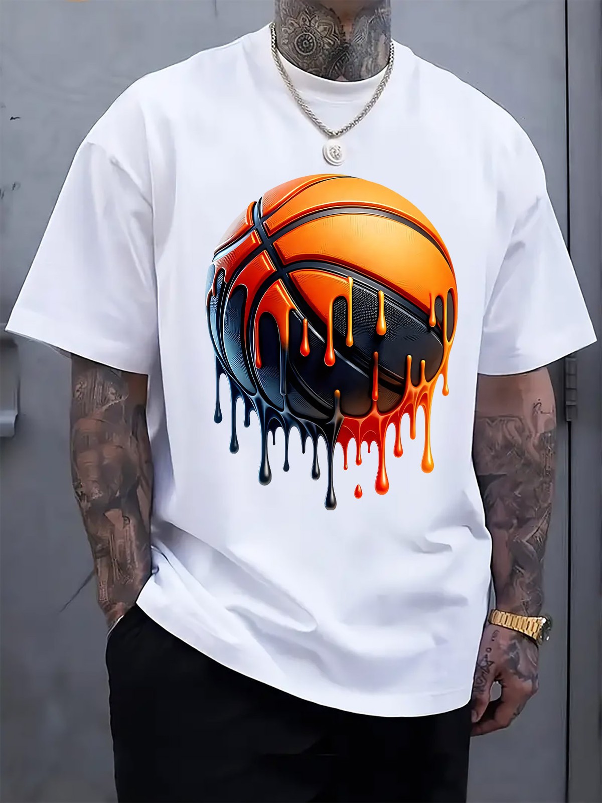 Trendy Melting Basketball Pattern Print Men's Crew Neck Short Sleeve T-Shirt ◐
