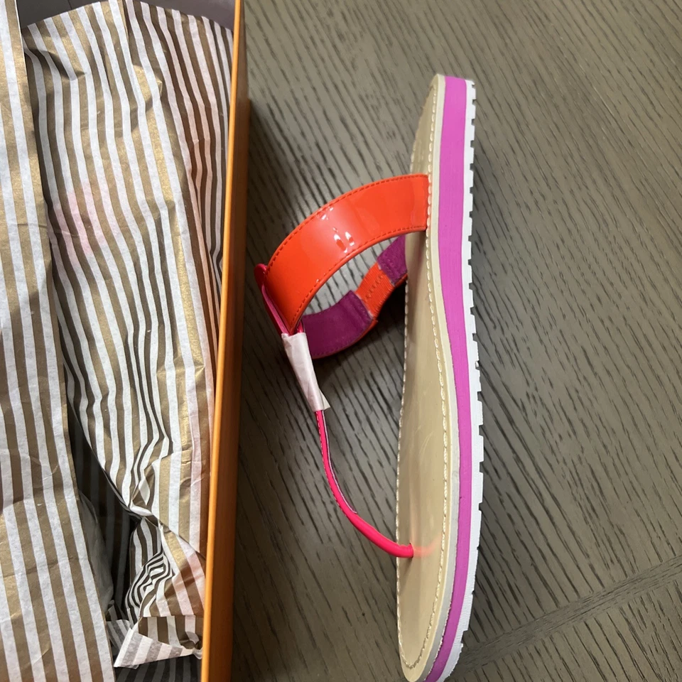 Sandalias Kate Spade Tanga Cuero Talla 7 M Bloques de Color Charol Neón Naranja Rosa Foto 3 de 4