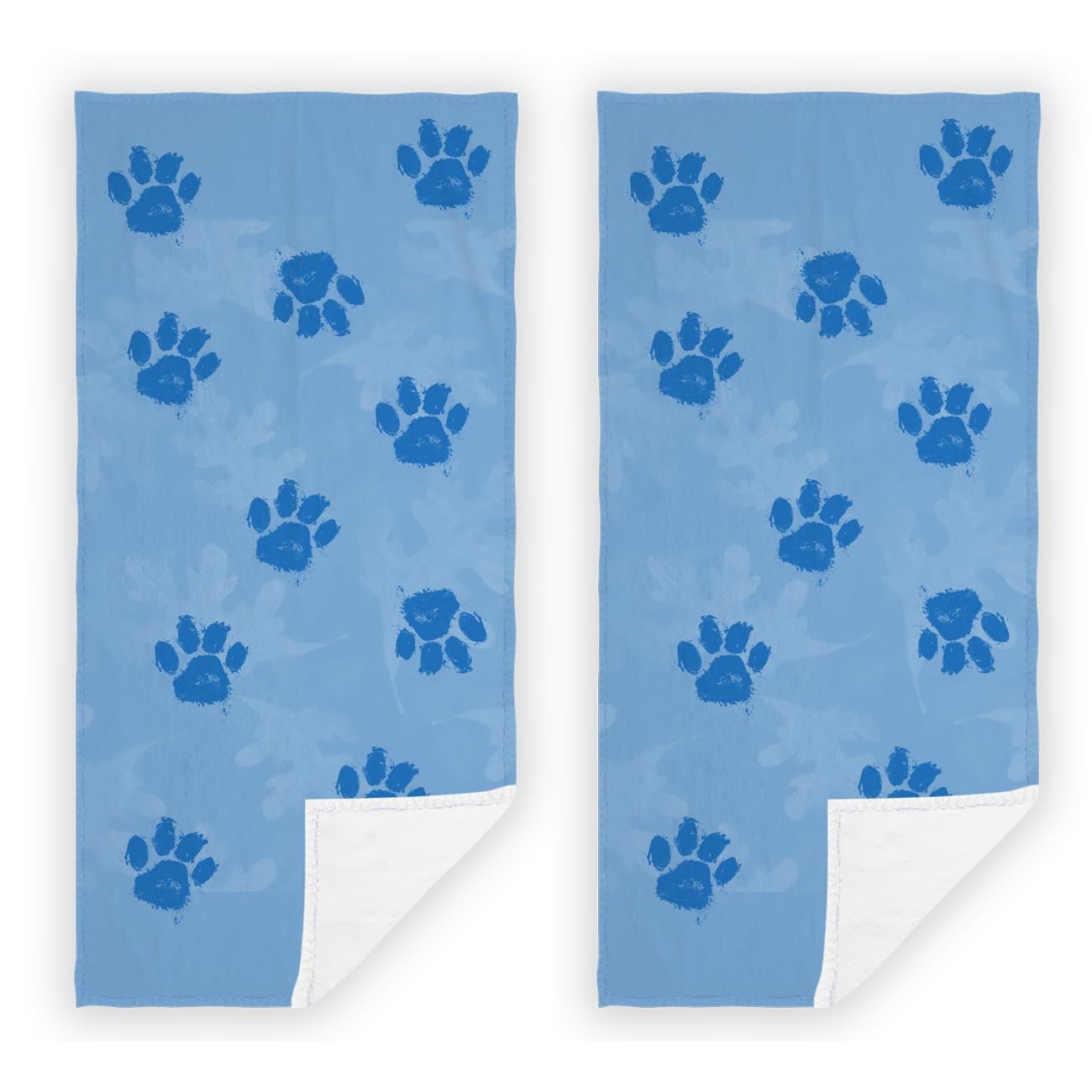 2 PCS Cat Dog Paw Hand Towels Lovely Animals Paw Prints Blue Soft Microfiber ...
