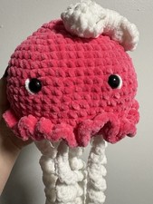 Handmade Crocheted Jellyfish Plush Stuffed Animal, Pink  White