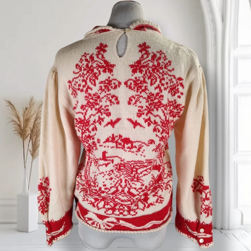 Suéter Tejido Invierno Pastoral Años 80 De Colección Rojo Marfil Gráfico Escena Lana Angora S Foto 4 de 4
