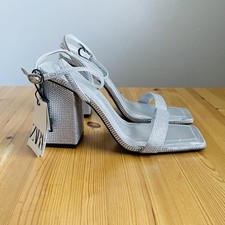 Zara Silver Block Heel Rhinestone Shoes Size 6/39 BNWT