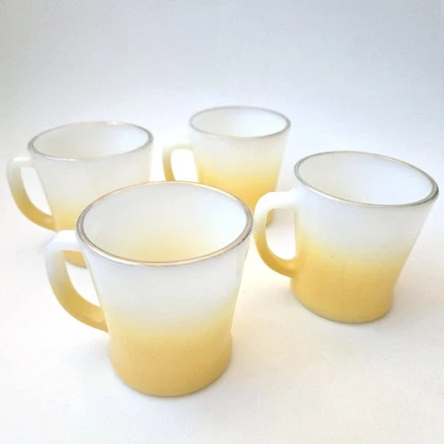 Vintage Anchor Hocking FIRE KING Yellow White Ombre D Handle Gold Rim Mug Set