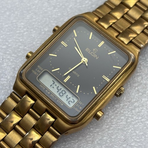 OROLOGIO UOMO VINTAGE ELGIN SVEGLIA CRONOGRAFO QUARZO ANA-DIGI tono oro FJ140-040 - Foto 7 di 10