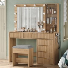 Dressing Table with LED Mirror, Vanity Desk with 7 Drawers, Glass Top, Oak
