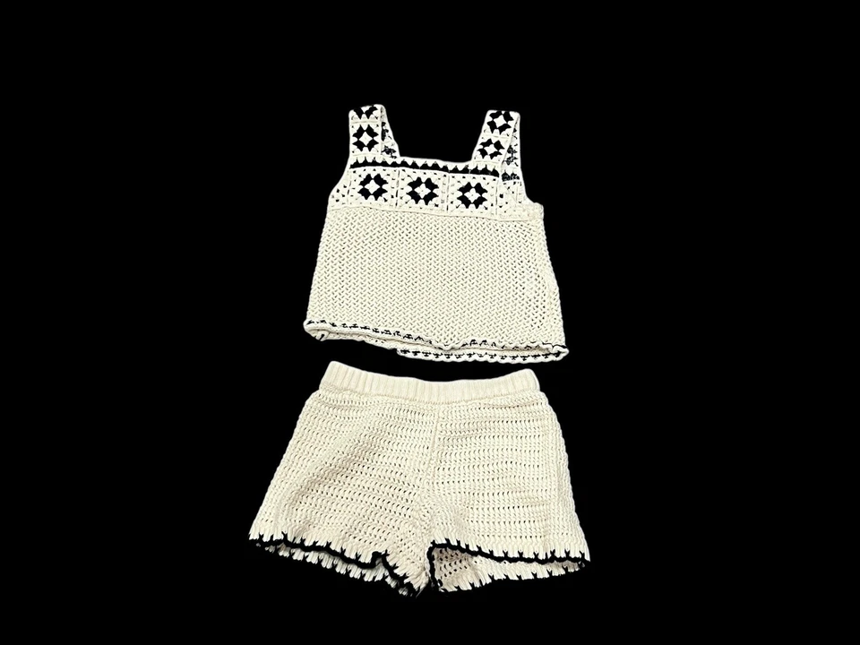 ZARA 女孩钩针编织套装背心短裤套装米色 2-3 — 第 4/4 张图片