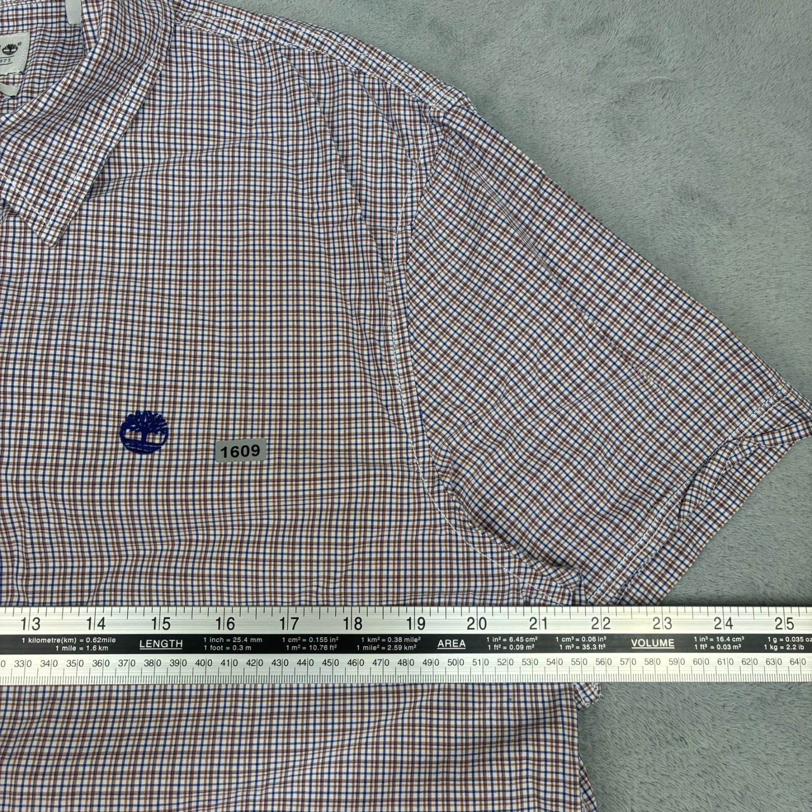 VTG Timberland Brown Navy Micro Check Size Large Slim Fit S/S Button Up Shirt image 5
