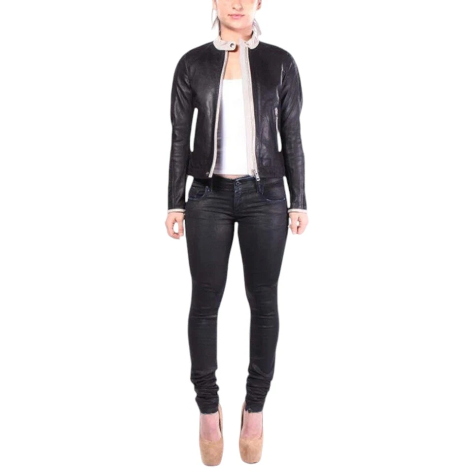 DIESEL L GIN Womens Leather Jacket Long Sleeve Cafe Racer Ladies Biker Zip Coat - Image 2 of 4