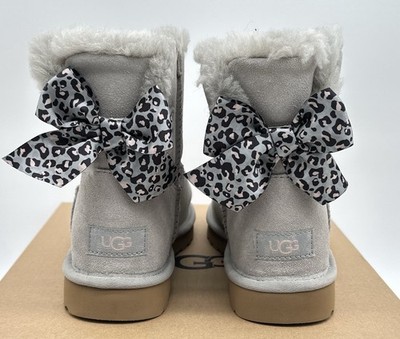 UGG Mini Bailey Bow Leopard Suede Boots~Gray~7~ NEW