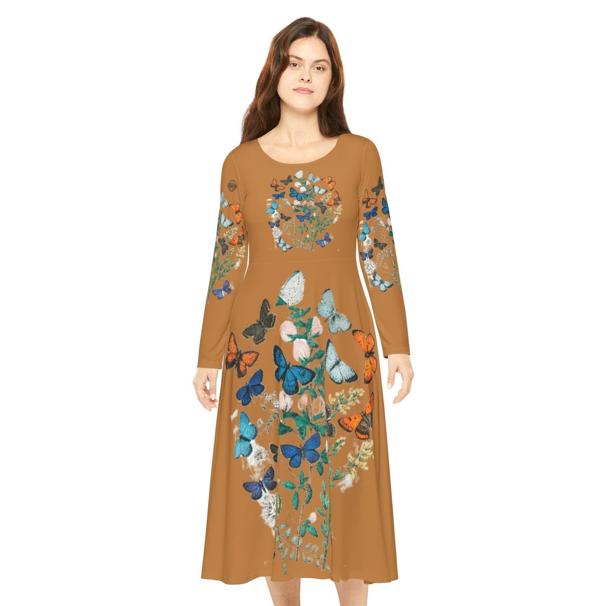 knee length dresses for ladies Denise Butterfly Print Smocked Satin Long Sleeve Dress in Cream main image 0
