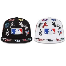 New 2024 MLB Teams Patch Logos All-Over Black/White 59FlFTY Fitted Cap-5950 Hat