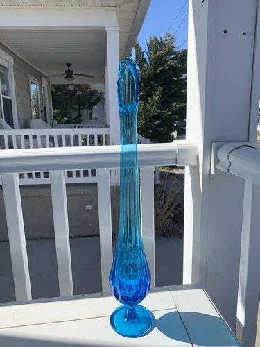 FENTON Vintage blue swung sapphire blue 19” vase Rare MCM thumbprint 1960s