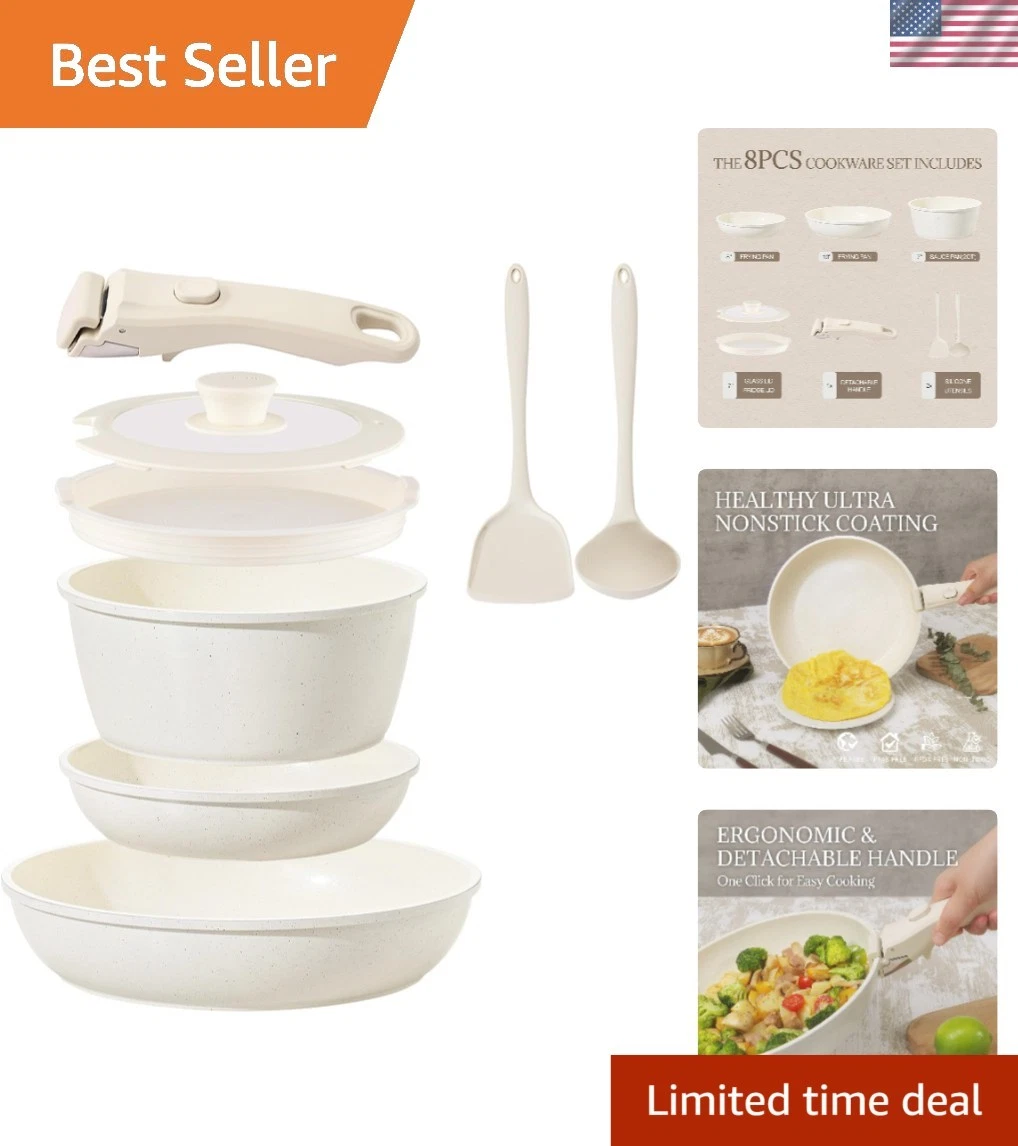 Ceramic Cookware Set Non Stick 8Pcs Pots and Pans Set Detachable Handle Induc...