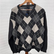 Club Room Sweater Mens XLarge Black Gray Argyle Lambswool Relaxed Classic Preppy