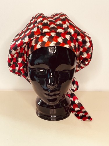VTG 60'S MOD GENE DORIS RED BLACK&WHITE SILK GRAPHIC PRINT TIE BERET SNOOD HAT