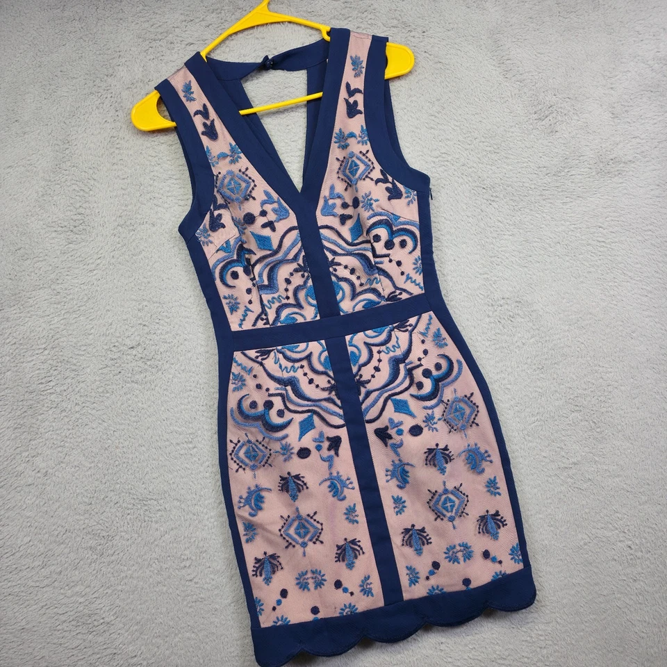 Greylin Dress Womens XS Blue Pink Mesh Floral Embroidered Bodycon Capsule Sheath - Image 2 of 4