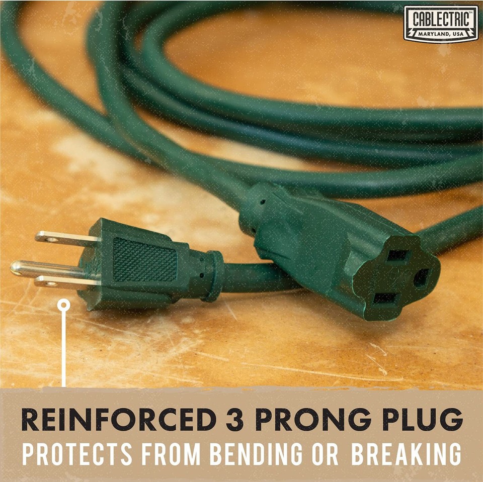 25 ft Outdoor Extension Cord 3 Prong, 16/3 SJTW Weatherproof Green