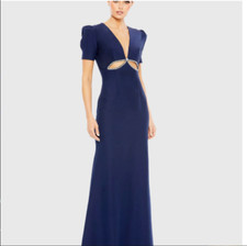 NWT Ieena for Mac Duggal Navy Plunge Neck Puff Sleeve Cut Out Gown Sz 4
