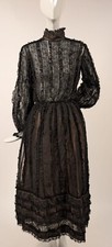 VICTORIAN REVIVAL 1970 S SHEER BLACK CHANTILLY LACE RUFFLE DRESS W HIGH COLLAR