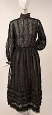 VICTORIAN REVIVAL 1970’S SHEER BLACK + CHANTILLY LACE RUFFLE DRESS W HIGH COLLAR