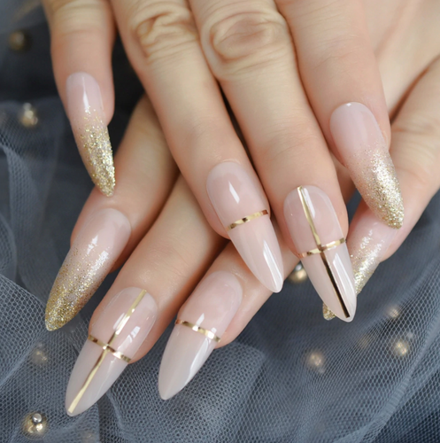 NEW 24pcs Extra Long Gold Glitter Fake Nails PRESS ON NAILS WITH GLUE INCLUDED