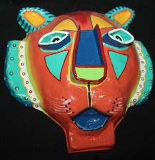 MASCHERA ARTE DA PARETE FIRMATA TURKS & CAICOS FATTA A MANO LEONE MULTICOLORE CARTAPESTA