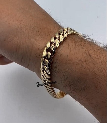 VVS Moissanite Men's 10mm x 8" Cuban Link Bracelet 14k Yellow Gold Plated Silver - Picture 3 of 6