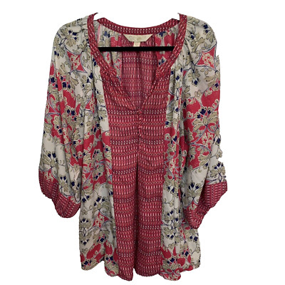 Krazy Kat Womans Pink Multi color 1/4 Button 3/4 Sleeve V Neck Top Plus Size 2X