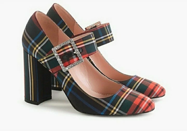Women s J Crew Mary Jane Tartan Plaid Multi Color Red Green Pumps Heels Size 9.5