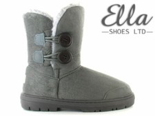 Ladies Ella Winter Boots Grey Faux Fur Sheepskin Mid Calf Button Warm Bootie