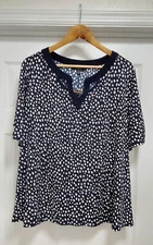 NAIF Top Women's Size 2X Blue Navy & White Polka Dot Short Sleeve Blouse 