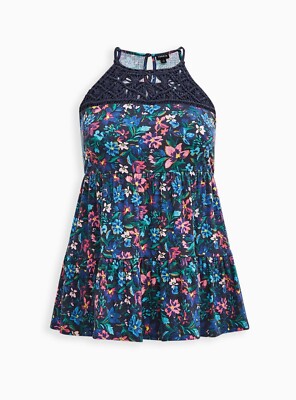 Torrid Textured Jersey Crochet High Neck Tiered Top Blue 2 2X 18 20 #G92693