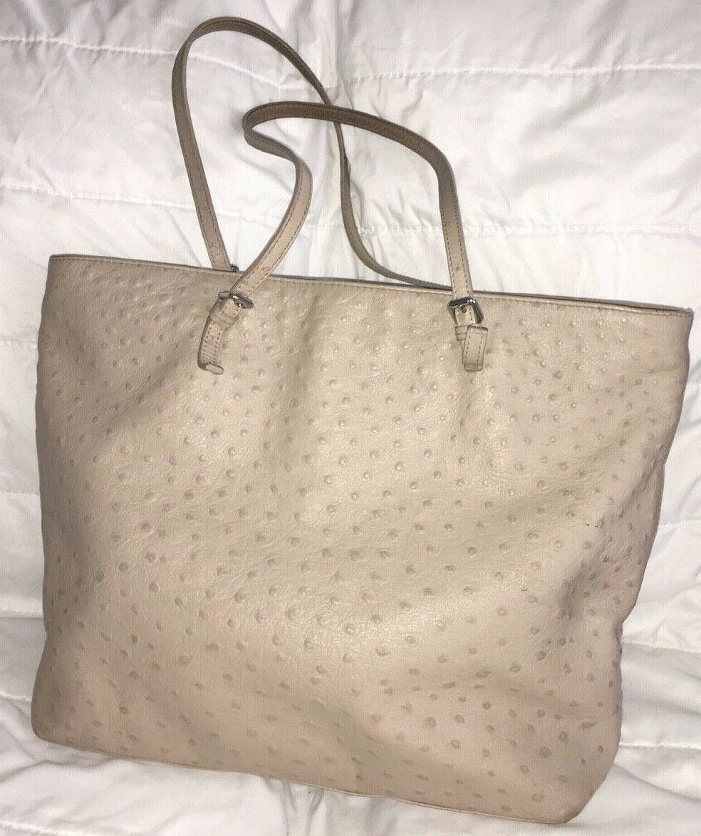 FURLA Ostrich Embossed Light Taupe Leather Tote Bag Purse-NICE