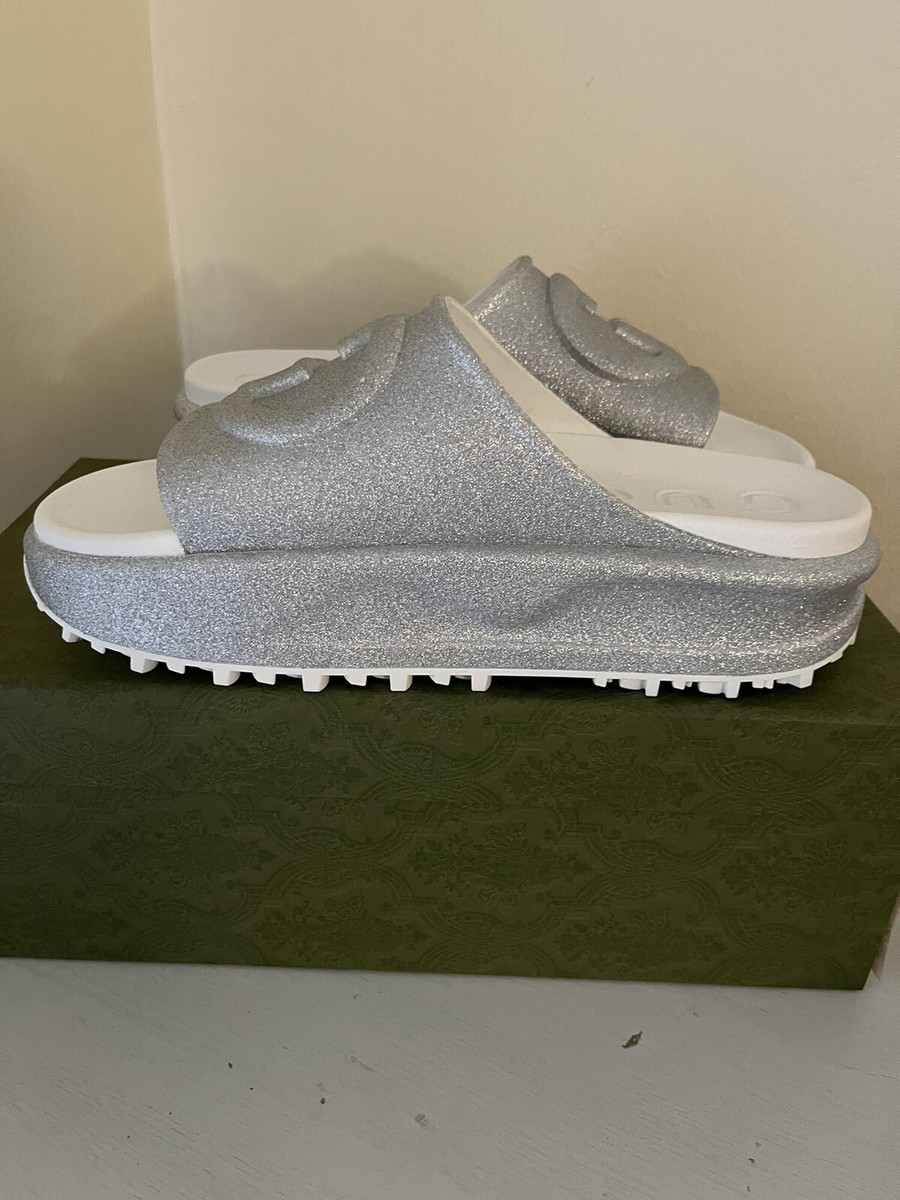 NEW GUCCI MIAMI GLITTER INTERLOCKING G PLATFORM SLIDES