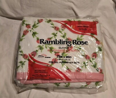 NOS Vtg Owen Rambling Rose Print Blanket Full/Twin Floral Satin Trim USA 72×90