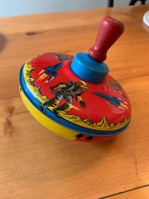 Vintage Painted Tin Spinning Top Toy, wooden handle, spaceship