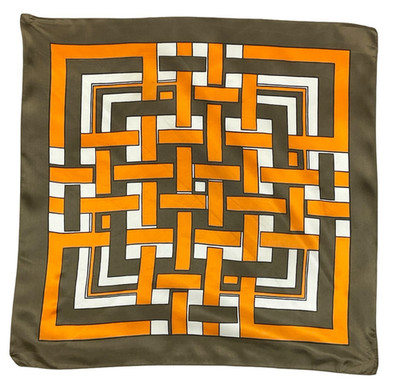 VINTAGE 60ER 70ER JAHRE KHAKI GRÜN ORANGE CREME GEOMETRISCHER QUADRATISCHER SCHAL
