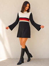 Free People Striped Knit Sweater Mini Dress Crew Neck Bell Sleeve Zip Back S
