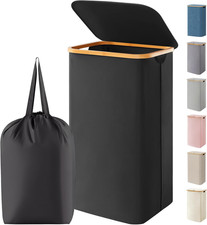 Image of 100L Laundry Basket with Lid Foldable Clothes Hamper Bamboo Handles Black