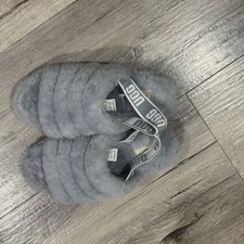 UGG Fluff Yeah Slide Slippers Grey Shearling Logo Strap Size 7