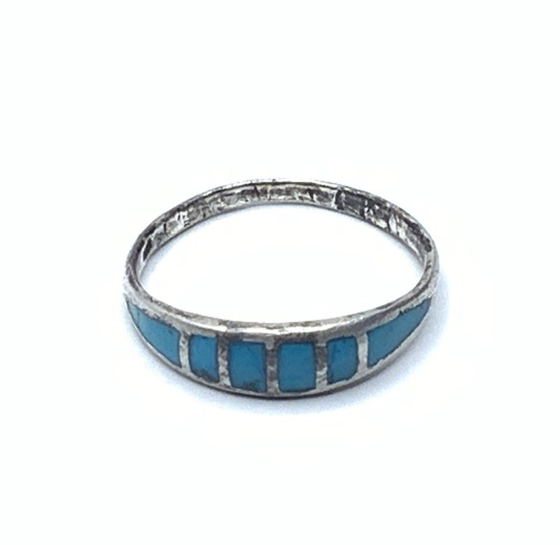 Native Southwest Handmade Sterling Silver Turquoise Inlay Band Ring ~ Sz. 8.25